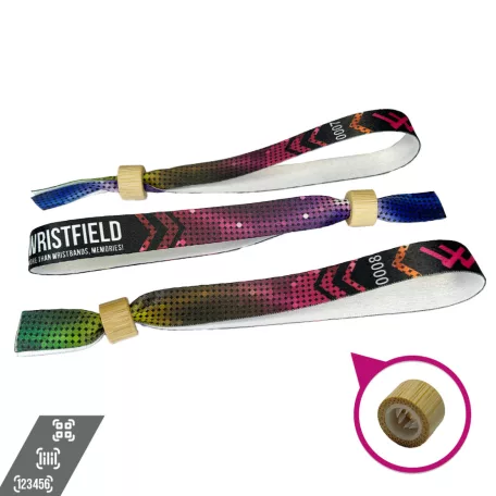 Pulsera de Textil (15x340mm, impresión en color en un lado, con datos variables) - con anillo de bambú-plástico auto-cerrable