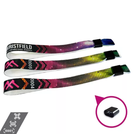 Pulsera de Textil (15x340mm, impresión en color en un lado, con datos variables) - con anillo de plástico auto-cerrable