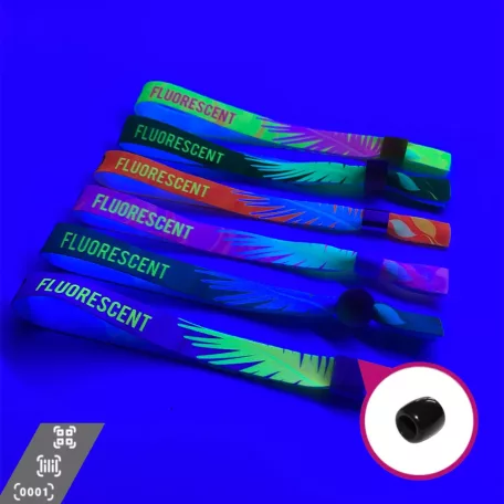 Pulsera de Textil (15x340mm, impresión FLUO a un lado, con datos variables) - con anillo de plástico reutilizable