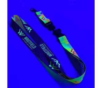   Lanyard de Satén con texto impreso de 20x900mm - Con impresión FLUO - Con mosquetón de gota y cierre de extensión