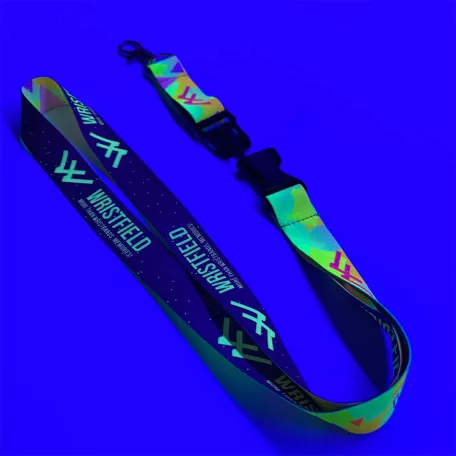 Lanyard de Satén con texto impreso de 20x900mm - Con impresión FLUO - Con mosquetón de gota y cierre de extensión