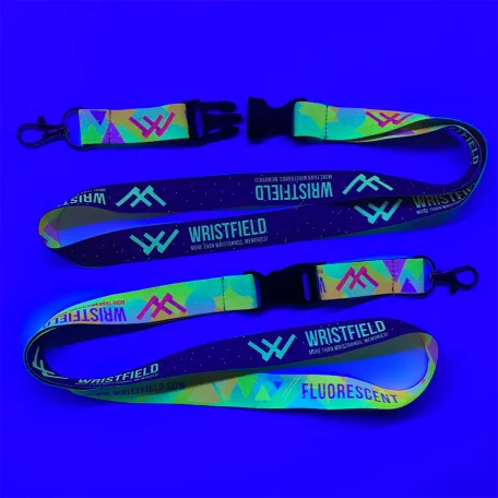 Lanyard de Satén con texto impreso de 20x900mm - Con impresión FLUO - Con mosquetón de gota y cierre de extensión