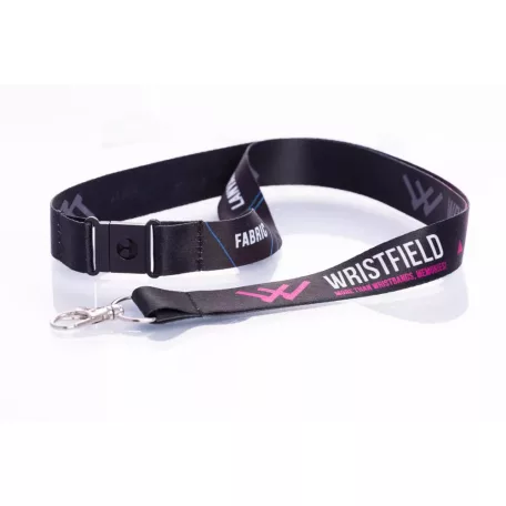 Lanyard de Satén con texto impreso de 20x900mm - Con mosquetón de gota y cierre de seguridad