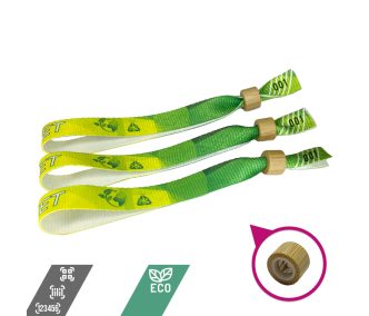   Brazalete de R-PET (Hecho de botellas de PET recicladas, 15x340mm, impresión a color en un lado, datos variables) - con anillo de bambú-plástico autoadhesivo