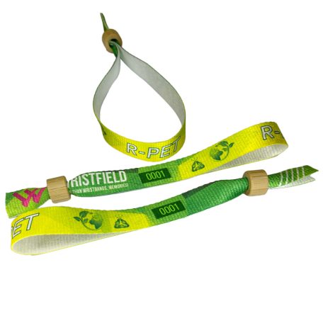 Brazalete de R-PET (Hecho de botellas de PET recicladas, 15x340mm, impresión a color en un lado, datos variables) - con anillo de bambú-plástico autoadhesivo