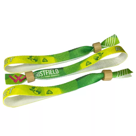 Brazalete de R-PET (Hecho de botellas de PET recicladas, 15x340mm, impresión a color en un lado) - con anillo de bambú-plástico autoadhesivo