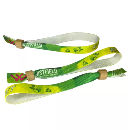 Brazalete de R-PET (Hecho de botellas de PET recicladas, 15x340mm, impresión a color en un lado) - con anillo de bambú-plástico autoadhesivo