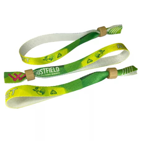 Brazalete de R-PET (Hecho de botellas de PET recicladas, 15x340mm, impresión a color en un lado) - con anillo de bambú-plástico autoadhesivo