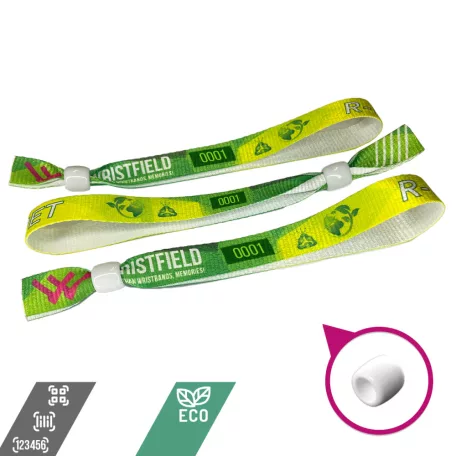 Brazalete de R-PET (Hecho de botellas de PET recicladas, 15x340mm, impresión a color en un lado, datos variables) - con anillo de plástico reciclado