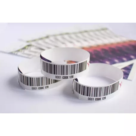 Pulseras Tyvek de 3/4" con impresión a color y código de barras